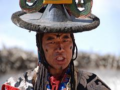 
A very intense Dorje Jono leads the monks with peacock-feather hats in a dance at the Tiji Festival in Lo Manthang.
